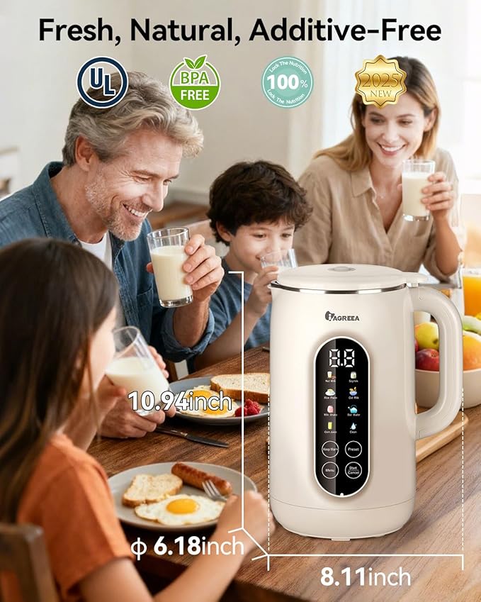 IAGREEA 8 in 1 Nut Milk Maker Machine Stainless Steel Lid BPA Free for Homemade Almond/Oat/Soymilk 35 oz(1L) Almond Milk Maker with 8 Mins Self-Cleaning 2 hrs Keep Warm 750W Stirring Power White
