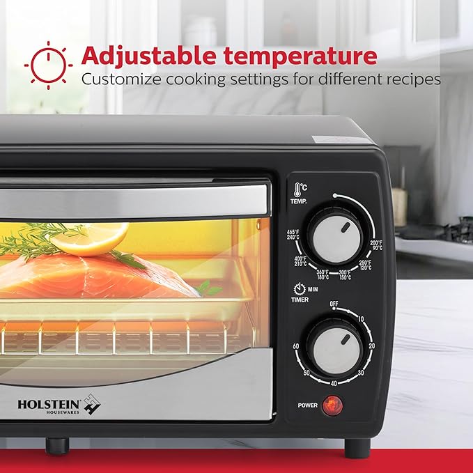 Holstein Housewares 4 Slice Countertop Toaster Oven with 60 Minute Timer Includes Pan and Wire Rack Perfect for Baking Broiling and Toasting Compact Design in Sleek Black for Convenient Kitchen Use