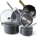Greater Goods Thanksgiving Bundle: 10 Piece Nonstick Cookware Set 10” Cast Iron Skillet and Silicone Handle (Moss Green)