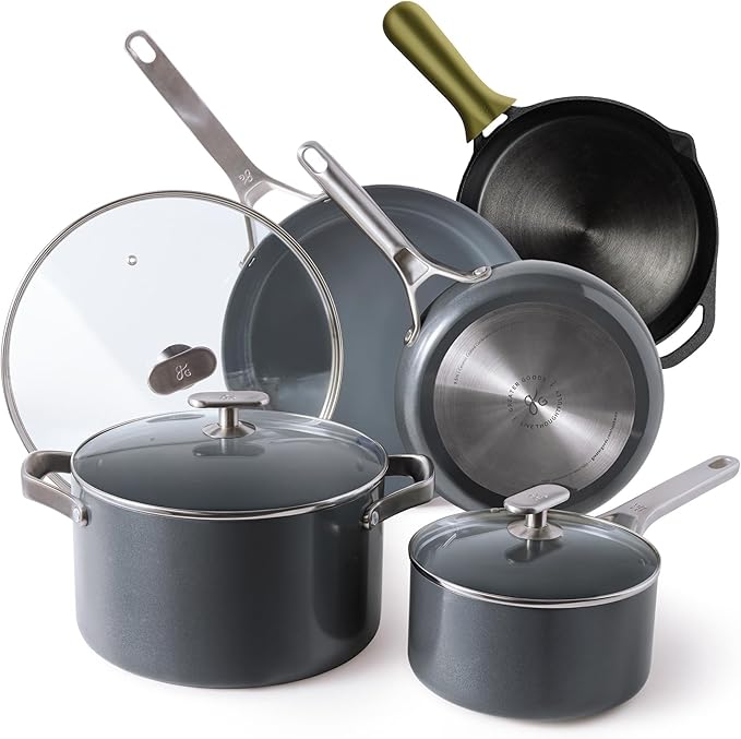 Greater Goods Thanksgiving Bundle: 10 Piece Nonstick Cookware Set 10” Cast Iron Skillet and Silicone Handle (Moss Green)