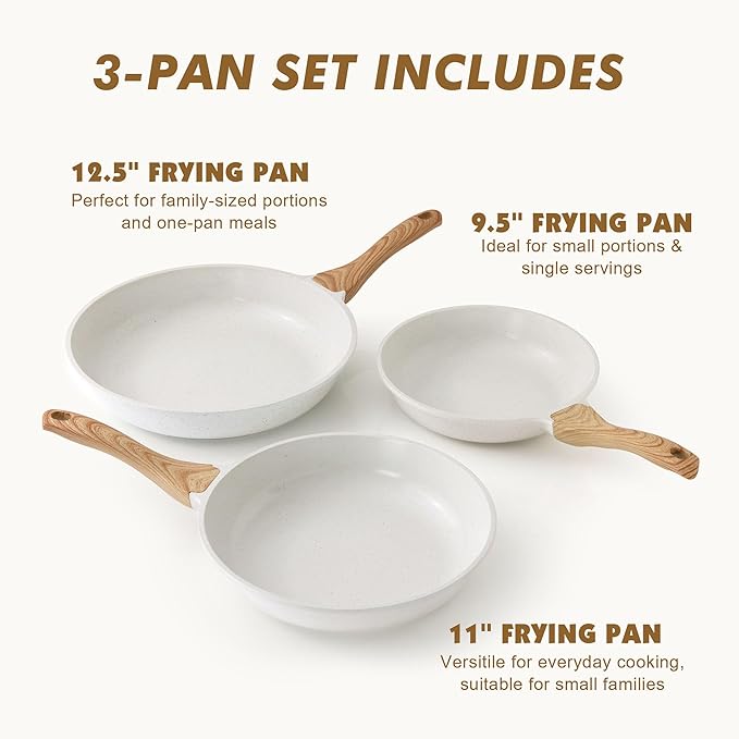 SENSARTE Nonstick Frying Pan Skillets White Ceramic Coating Omelette Pans Healthy Cookware Chef's Pan Free of PTFE &amp PFAS (9.5+11+12.5 Inch)