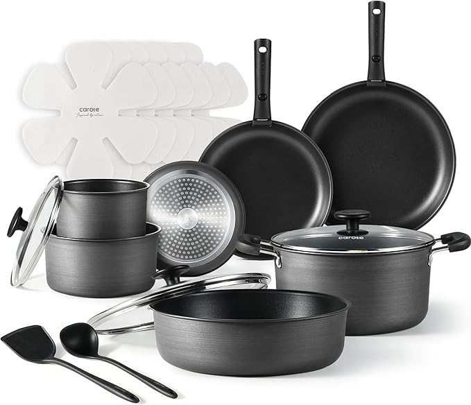 CAROTE 20pcs 4-Ply Premium Hard Anodized Pots and Pans Set Non Stick with Detachable Handle Dishwasher/Oven Safe RV Kitchen Cookware Set Nonstick Induction Cookware Large Capacity Pans and Pot Set