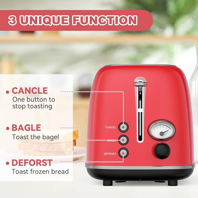 Toaster 2 sliceRetro Stainless Steel Toaster with 6 Settings 1.5 In Extra Wide Slots Bagel/Defrost/Cancel Function Removable Crumb Tray (Red)
