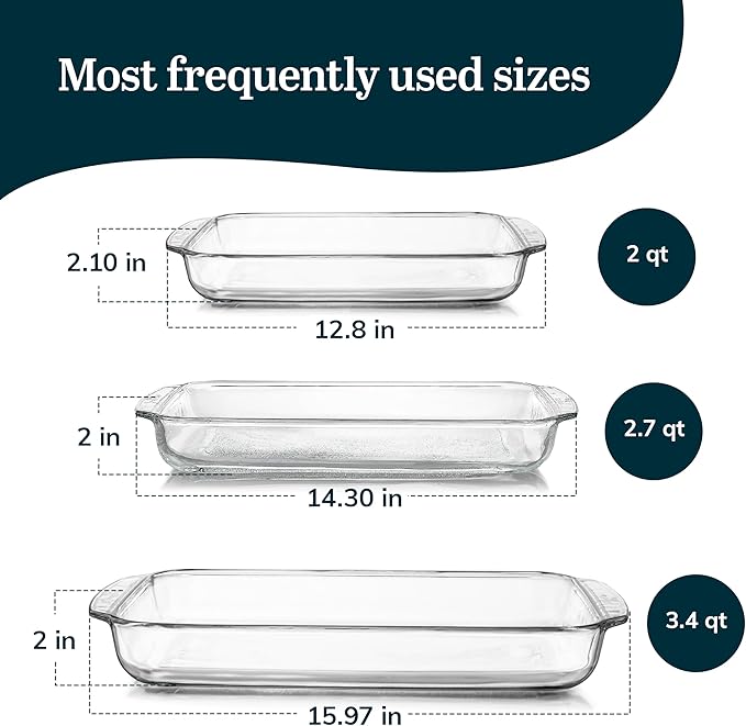 Libbey Baker's Basics 3-Piece Rectangular Glass Casserole Baking Dish Set Clear 2 Qt 2.7 Qt 3.4 Qt Transparent Stackable Dishwasher Safe