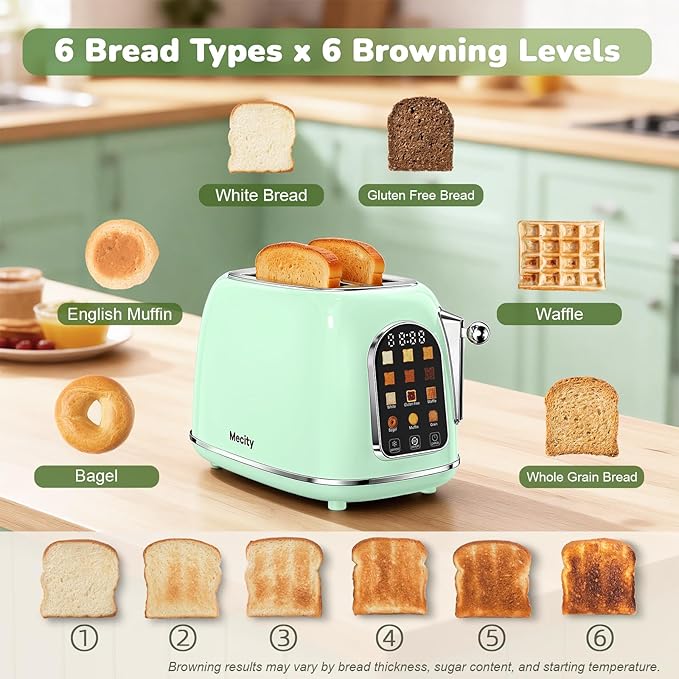 Mecity Toaster 2 Slice Touch Screen Wide Slot Retro Toaster For Breads Bagel Muffin Waffle House Warming Gift New Home 120V 825W Light Green