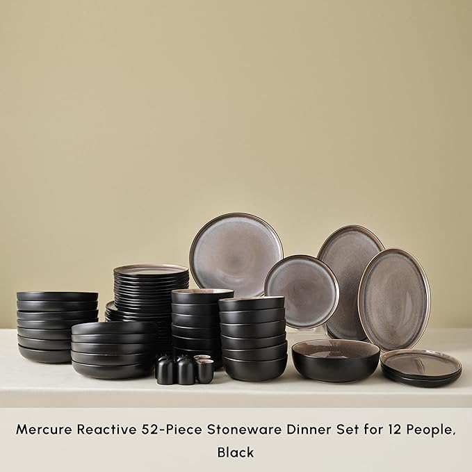 Karaca Mercure 59 Piece Stoneware Plates and Bowls Set Reactive Glaze Black Dinner Set Complete Kitchen Tableware Collection Ideal Dinnerware for 12 People Dining Experience Dishwasher Safe