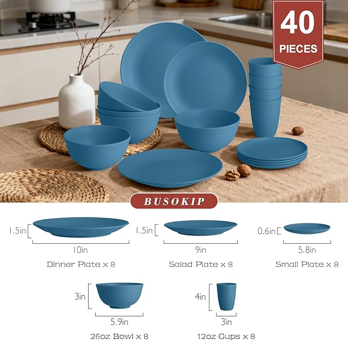 Wheat Straw Dishes Set 40 PCS Unbreakable Dinnerware Set of 8 - Dinner Plates Cereal Bowls Water Cup Lightweight Reusable Microwave &amp Dishwasher Safe Bowls for Kitchen and Outdoor - Blue