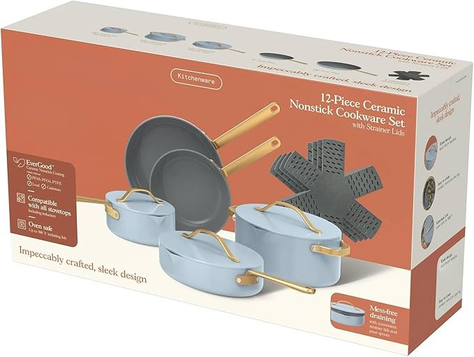 Nonstick Ceramic Cookware Set (12 Piece) Pots Frying Pans Lids and Kitchen Storage Oven Safe Pan Set &amp Compatible with All Stovetops - (Cornflower Blue)