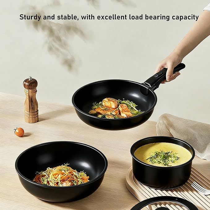 Fockety 3 Piece Pots and Pans Set Premium Aluminum Nonstick Cookware with Detachable Handle and Glass Lid Oven Safe up to 550F for Induction Stovetop and Dishwasher