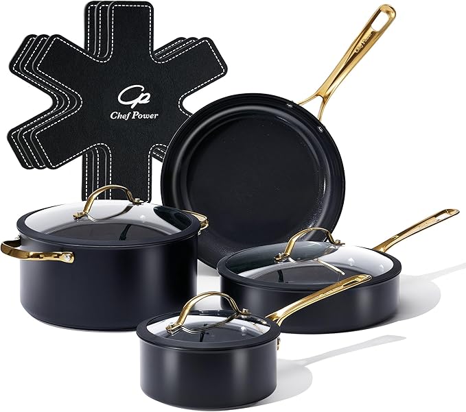 Chef Power Ceramic Cookware Sets 10Pcs Pots and Pans Set Non Stick Cookware Set with Stainless Steel Handle Dishwasher &amp Oven Safe Stone Black and Light Gold Handle