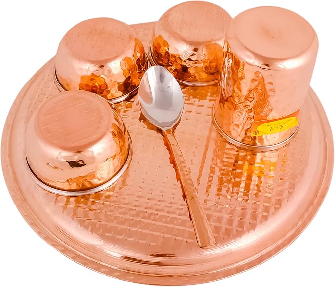 Shiv Shakti Arts® Stainless Steel Copper Dinner Thali Set 6 Pieces - Luxury Hammer Design Anarkali Dinner Set