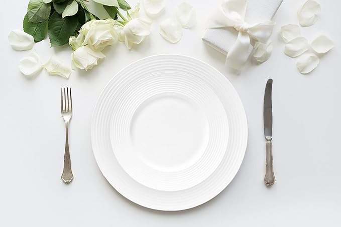 Bone China 16 Piece Dinnerware Dish Set Service for 4 White Embossed Circle Microwave Safe Translucent Elegant giftware Essential Home Formal and Everyday Living Kitchen Dishes Dinner Set