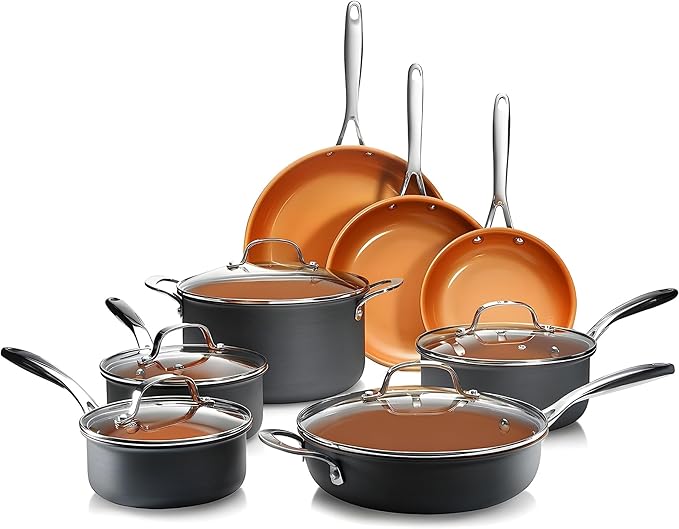 GOTHAM STEEL 13 Pc Ceramic Cookware Set Nonstick Copper Pots and Pans Set Non Stick for Kitchen Anodized Induction Pots and Pans for Cooking Non Toxic Cookware Sets Oven &amp Dishwasher Safe