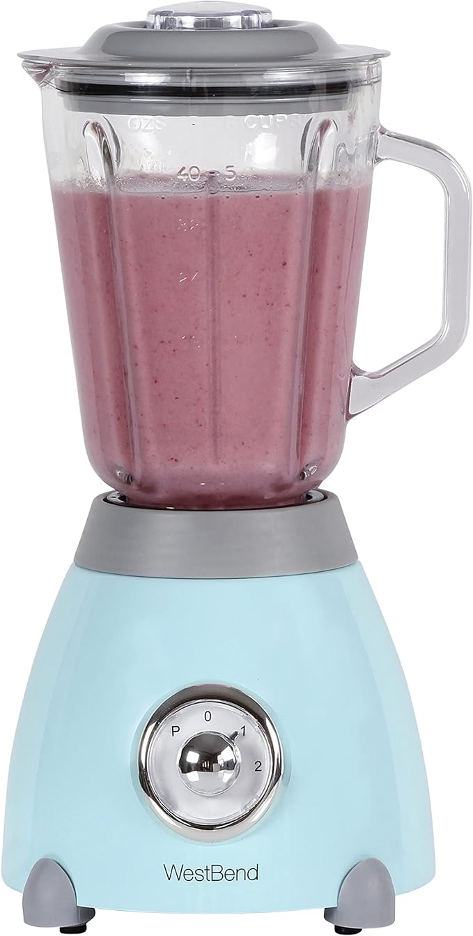 West Bend Blender Retro-Styled 3 Speeds with 48 oz Glass Blending Jar and Stainless Steel Blade 500-Watts Blue