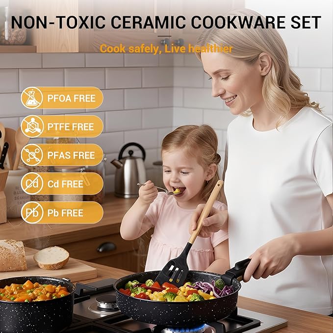 Ammeloo 21 Pcs Pots and Pans Set Non Stick Ceramic Kitchen Cookware Set with Detachable Handle Non Toxic Cooking Set for Kitchen RV Camping and Fridge Induction Ready Dishwasher/Oven Safe Black