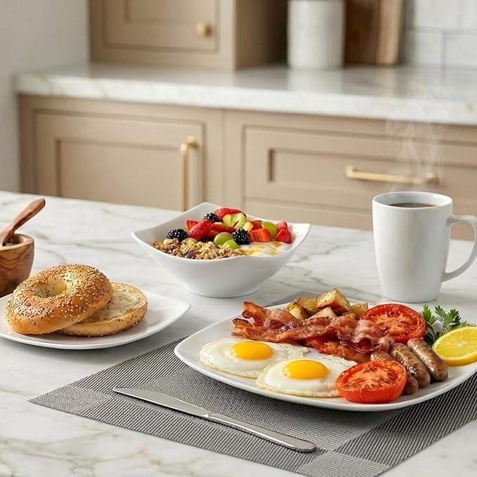 Zulay Kitchen Luna Plates and Bowls Sets 16 Piece Modern Porcelain Dish Set for 4 Chip and Scratch Resistant Square Dinnerware Set Microwave and Dishwasher Safe Pearl White