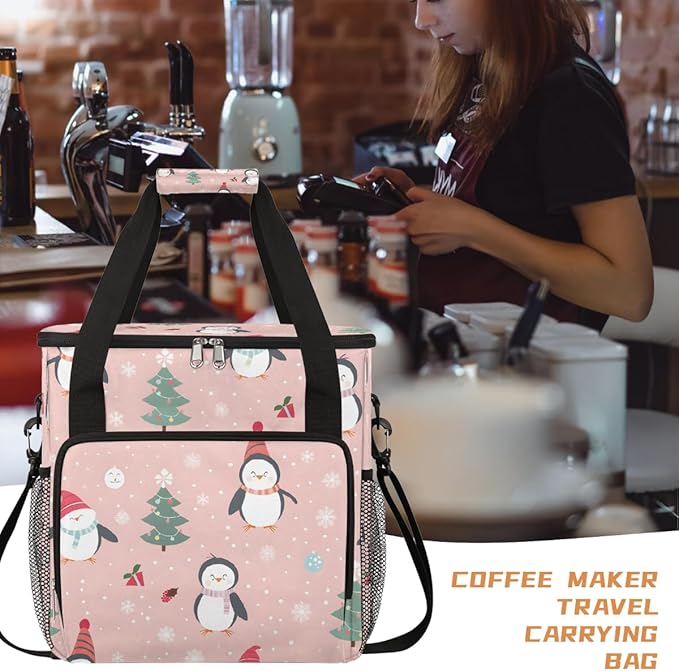Christmas (584) Coffee Maker Carring Bag Travel Carrying Storage Tote Bag Compatible with Keurig K-Mini or K-Mini Plus Portable Single Serve Coffee Brewer Case with Pockets for K-cup Pods