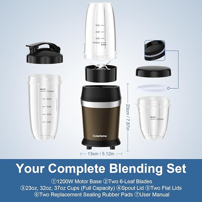 12-Piece Smoothie Blender Maker 25000 RPM Personal Blender for Ice Crushing Smoothies &amp Frozen Drinks Nuts with 23oz 32oz 37oz Portable Cups Two 6-Leaf Stainless Steel Blades Coffee