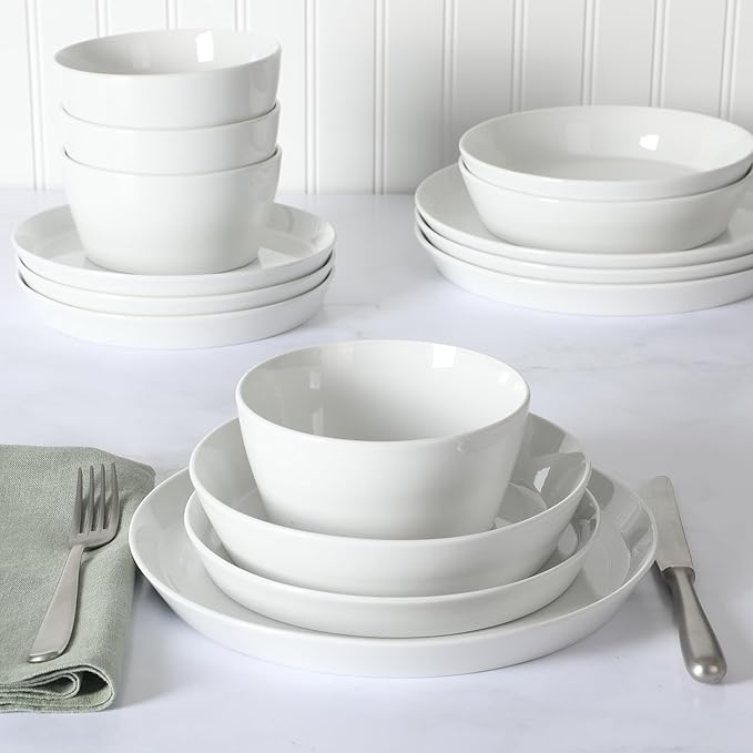Martha Stewart Selma Chip &amp Scratch Resistant Dinnerware Set Service for 4 (16pcs) – White Plates and Bowls Durable Dishwasher and Microwave Safe Dishes Set for Everyday Use