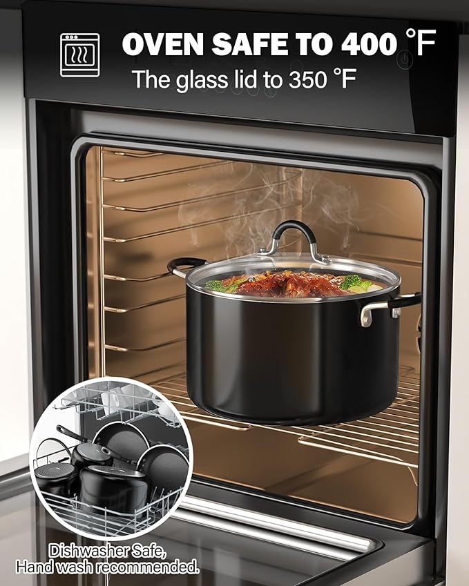 Cook N Home Pots and Pans Nonstick Kitchen Cookware Sets include Saucepan Frying Pan Stockpots 8-Piece Heavy Gauge Stay Cool Handle Black