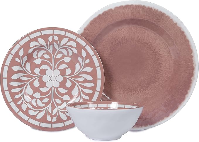 Melamine Dinnerware Sets - 12 Pcs Plates and Bowls SetUnbreakable Dinner Dishes Set for 4Lightweight Dishwasher Safe BPA FreeIndoor Outdoor use Pink
