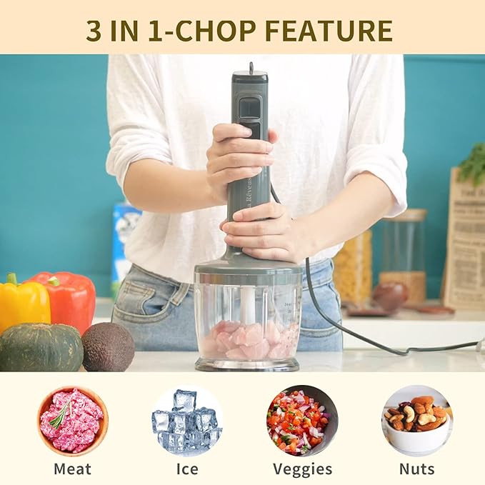 La Reveuse Immersion Blender Handheld 3 in 1 300 Watts 2 Speeds Multi-purpose with WhiskMixing BeakerFood Chopper Grinder attachments