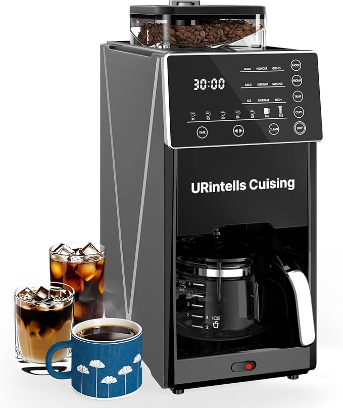 Coffee Maker with Grinder 22OZ Drip Coffee Maker with Glass Carafe and Removable Filter Programmable Hot and Cold Bean to Cup Coffee Machine with Timer Auto Shut Off