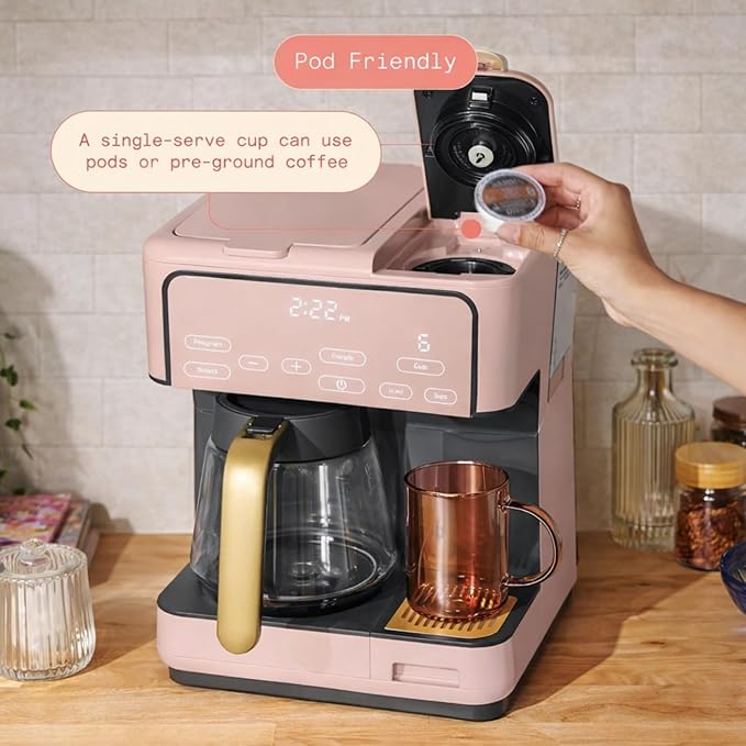 Multi Brew Coffee Maker with Single Serve and Carafe Brewing Options for Countertop Home Use (Rose)