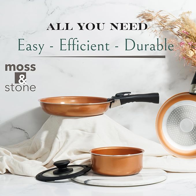 Moss &amp Stone Copper Pots And Pans Set Nonstick Removable Handle Cookware Stackable Pots And Pans Set Dishwasher safe Induction Pots And Pans Camping Cookware Set Aluminum (7 Pcs)