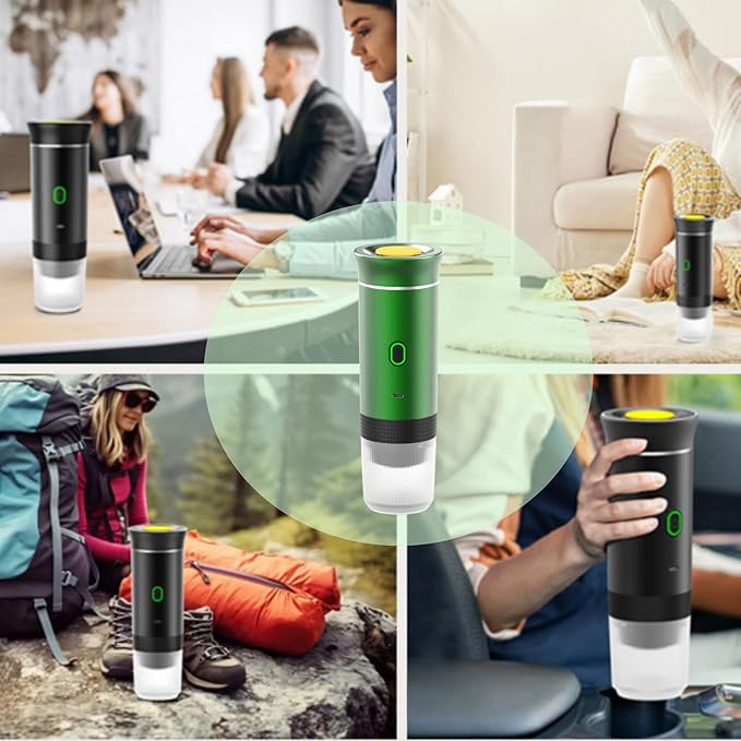 Mini Electric Espresso Coffee Machine Small Self-Heating Portable Car Coffee Maker with Capsule and Ground Coffee for Office RV Travel Camping Hiking (green)