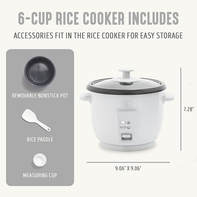 GreenLife Rice Cooker with Removable PFAS-Free Ceramic Nonstick Pot 3-Cups Uncooked/6-Cups Cooked Grains &amp Oatmeal Multicooker Compact One-Switch Design Auto Keep Warm Easy Clean White