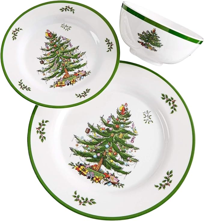Spode Christmas Tree 12-Piece Melamine Dinnerware Set - Seasonal Dinnerware for Holiday Gatherings Service for 4 Dishwasher Safe with Festive Christmas Tree Motif Shatterproof &amp Durable Dishes