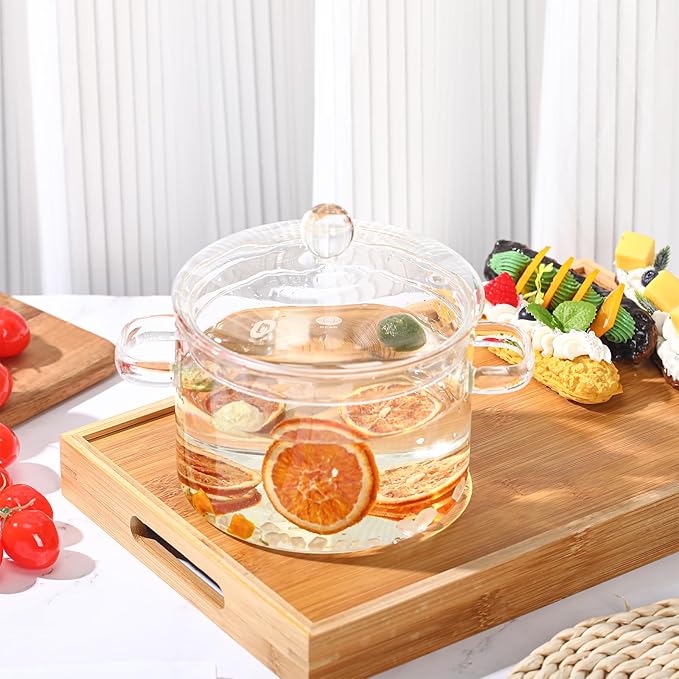 Uiifan 2 Pcs Glass Cooking Pot with Cover and Handle Heat Resistant 44 oz and 50 oz Glass Cookware Set Clear Simmer Pot Handmade Glass Saucepan for Noodles Soup Tea Milk Pasta
