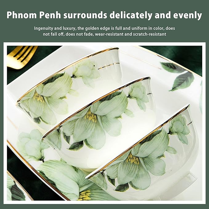 Dinner Sets for 10Bone China Porcelain Dinner SetJingdezhen Flowers Pattern Tableware Set Bowls and Plates-56 Pcs (Style 1)