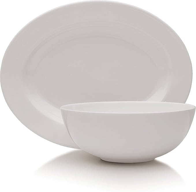Mikasa Annabele Chip Resistant 40-Piece Dinnerware Set Service For 8White &amp Delray 14-Inch Oval Platter and 9-Inch Vegetable Bowl Set White -