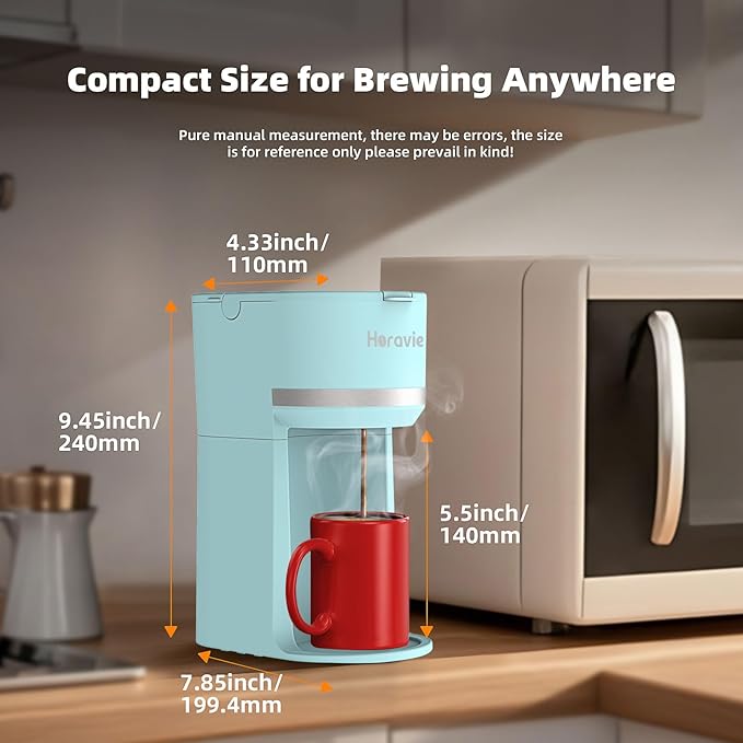 Mini Single Serve Coffee Maker for K Cup and Ground Coffee Fast Brew One Cup Coffee Machine with Descaling Reminder and Water Window 6 to 12 oz. Brew Sizes Light Blue