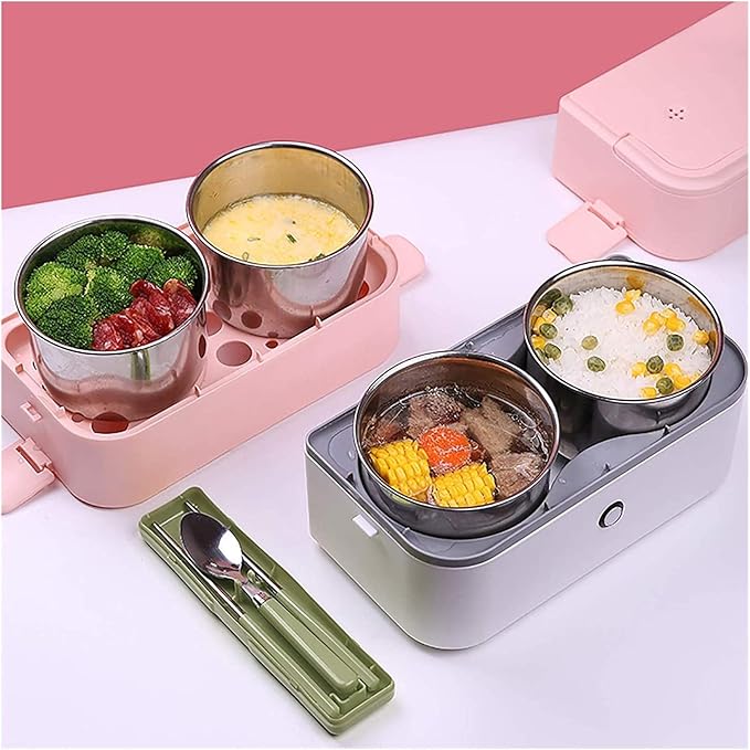 Electric Lunch Box Mini Rice Cooker 2 Layers Steamer Lunch Box for Home Office School Travel Cook Raw Food 2L