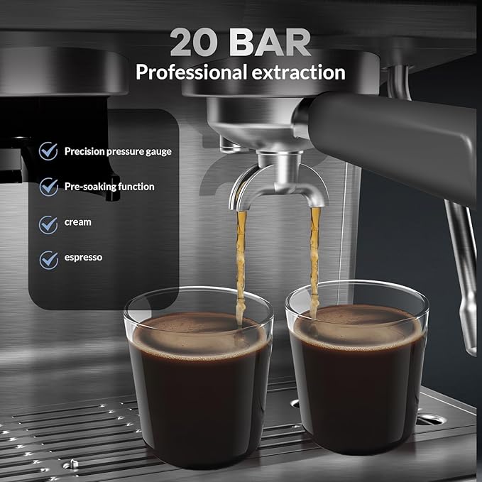 GAOMON Espresso Machine with Grinder 20 Bar Semi-Automatic Coffee Maker PID Control Milk Frother Steam Wand 95Oz Water Tank Easy Use for Espresso Latte Cappuccino Silver