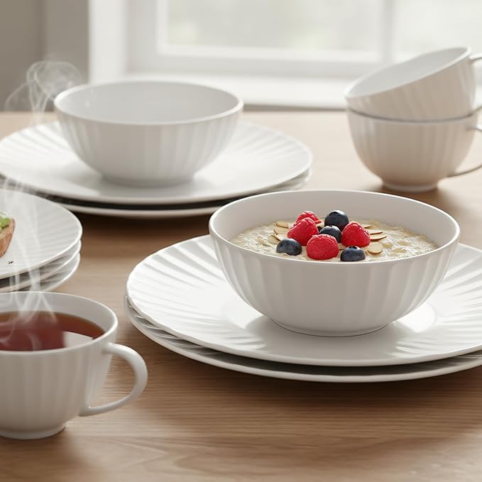 16-Piece Bone China Dinnerware Set for 4 White embossed dinnerware set Plates and Bowls with Textured Design Microwave Dishwasher Safe