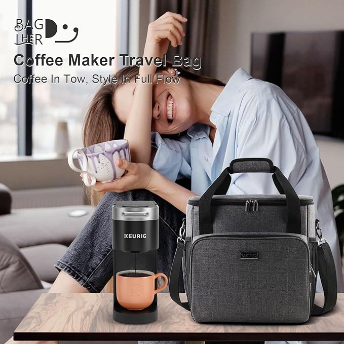 BAGLHER Coffee Maker Travel Bag Compatible with Keurig K-Slim Keurig K-Supreme or Other Accessories Portable Coffee Maker Case with Shoulder Strap for Travel Grey
