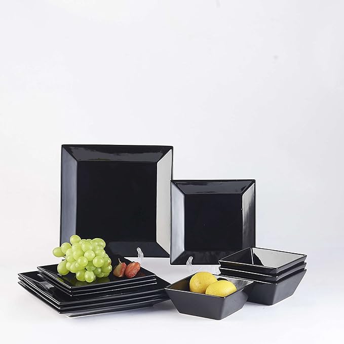 DOMINI 12-Piece Square Dinnerware Set Service for 4 Porcelain Dishes Dinner Square-Black