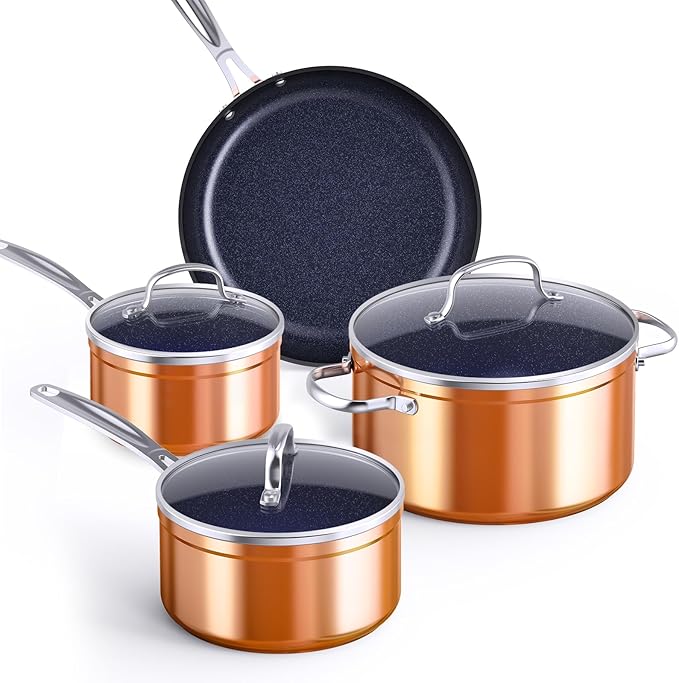 Nuwave Healthy Duralon Blue Ceramic Nonstick Coated 7pc Cookware Set Scratch-Resistant Diamond Infused PFAS Free Induction Ready &amp Evenly Heats Oven Safe Tempered Glass Lids