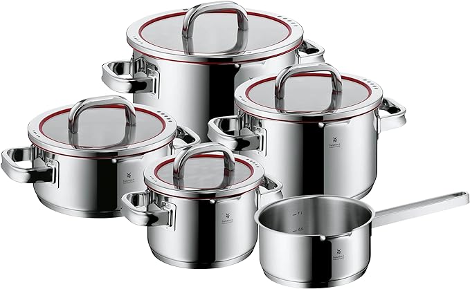 WMF Function 4 5-Piece Induction Saucepan Set Glass Lid with 4 Pouring Functions Polished Cromargan Stainless Steel Induction Pots Set Inner Scale