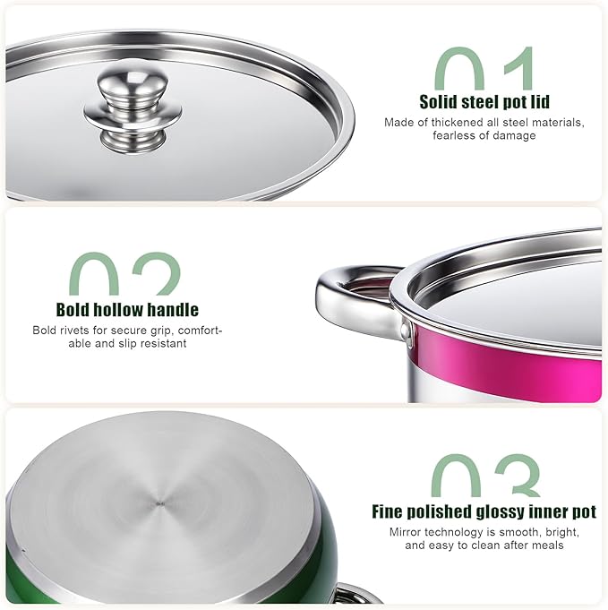 Uonlytech 4pcs Stainless Steel Pot Set with Lids for Kitchen Cooking Compatible with Induction Cooktops and Gas Stoves Nonstick Bottom for Even Heat Distribution Dishwasher Safe