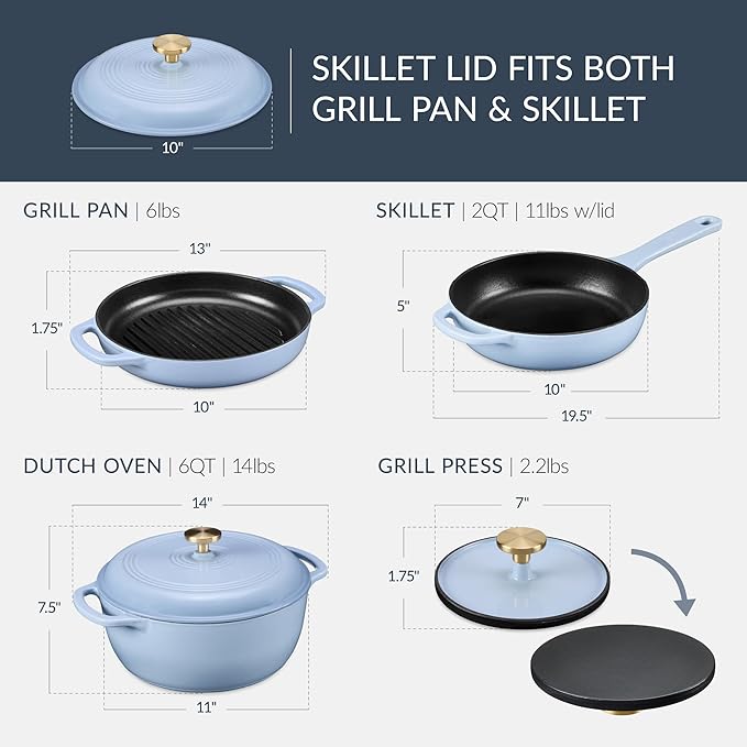 Best Choice Products Non-Stick Pot &amp Pan Cookware Set Cast Iron 2Qt Skillet W/Lid 10 Grill Or Griddle Pan W/Press 6Qt Enameled Dutch Oven Non-toxic For Cooking &amp Grilling - Cornflower