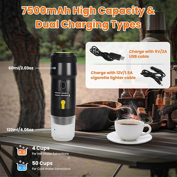 KOCASO Portable Electric Espresso Machine Cordless Coffee Maker Self-Heating Car Espresso Maker with Anti-Dry Burn Fit for Ground Coffee/NS/DG Capsules for Car Camping Hiking RV Home Office