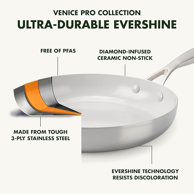 GreenPan Venice Pro 10 Piece Cookware Set Stainless Steel Non-Toxic PFAS-Free with Ceramic Nonstick Coating Induction Suitable Glass Lids Multi Clad Dishwasher &amp Oven Safe Silver