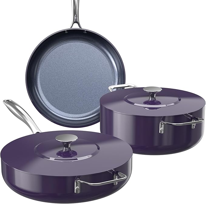 Nuwave Essential Series 5PC Ceramic Cookware Set PFAS-Free G11 Duralon Blue Coating Pots and Pans Set Non Stick Diamond Scratch-ResistantStay-Cool Handle Metal LidInduction ReadyDishwasher Safe
