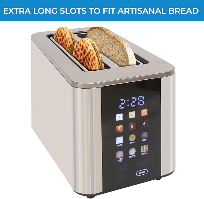 Kenmore 4-Slice Long Slot Toaster - Color Touch Screen &amp 6 Shade Settings Extra Wide Slots Digital Timer Customizable Smart Presets Reheat Defrost Add Time Functions Stainless Steel