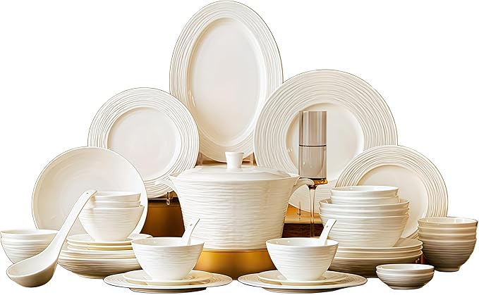 Fine Bone China Dinnerware Set Porcelain &amp Ceramic Dinnerware Sets Bone Stoneware &amp Ceramic Cookware Tableware Set Includes Dinner Plates|Spoons|Pasta Bowls|Soup Pot|Chopsticks (70 Pcs)